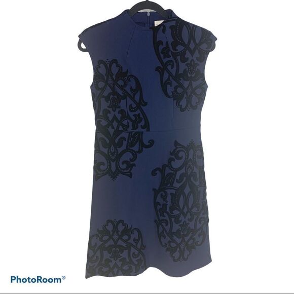 Chico's Navy Flocked Mock-Neck Sheath Dress - Picture 1 of 12